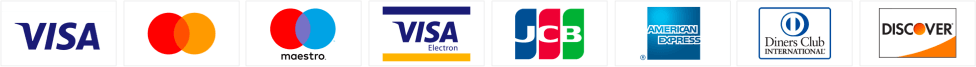Visa, Mastercard, Maestro, Visa Electron, JCB, American Express, Diners Club and Discover accepted